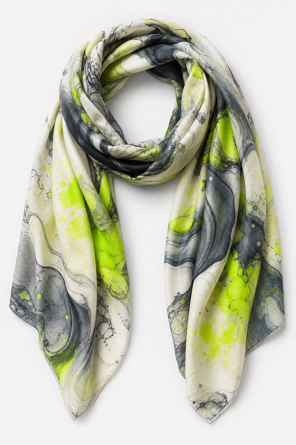Custom all-over print polyester scarf displayed flat on clean white studio backdrop