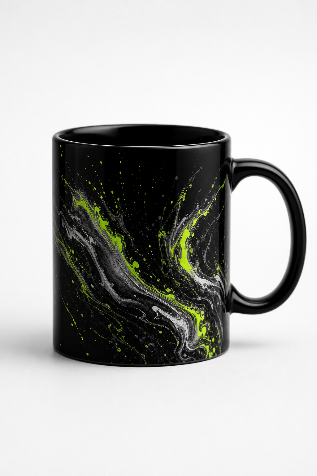Front view of custom black ceramic coffee mug on clean studio background