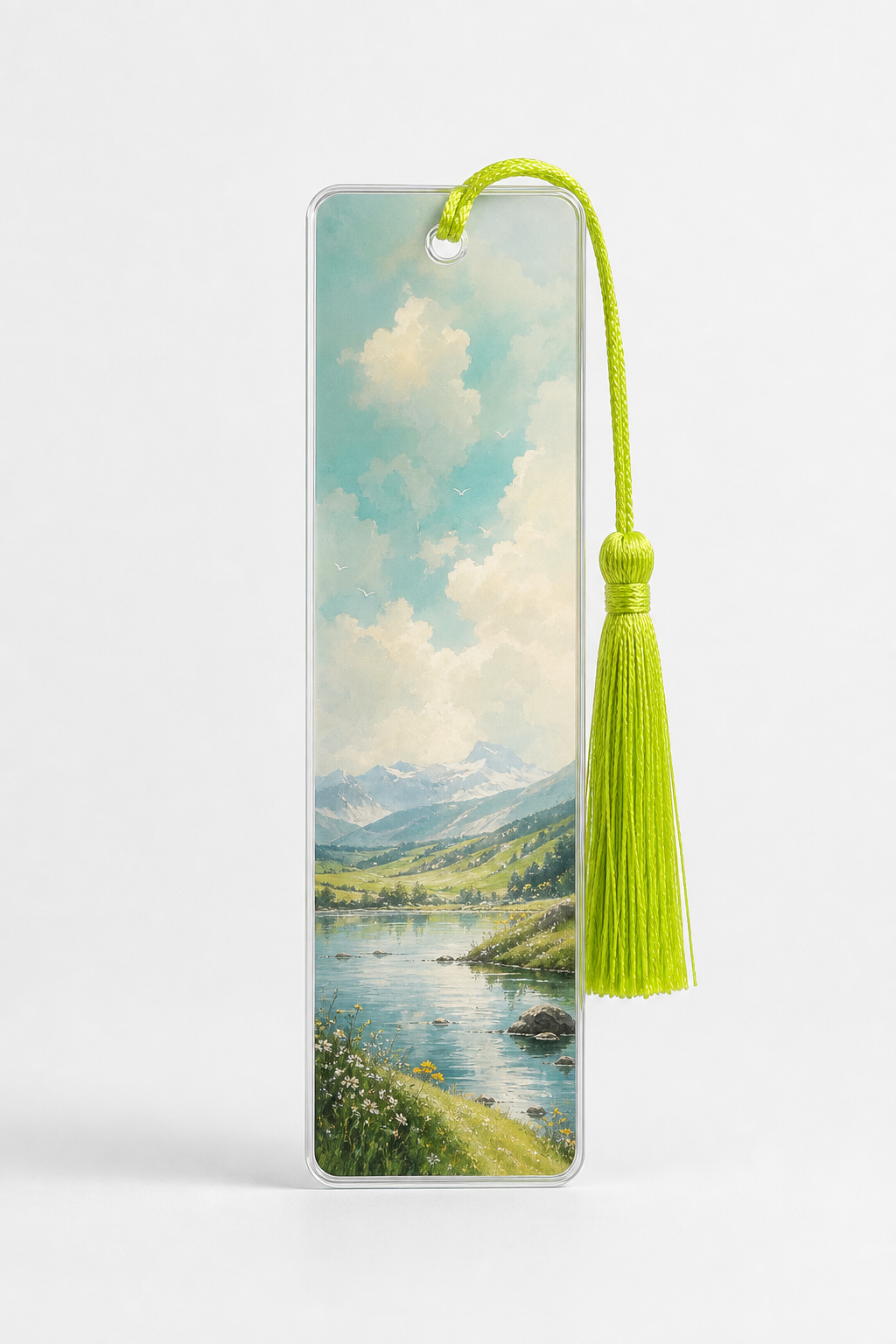 Hero studio shot of custom acrylic bookmark with vibrant HD print design