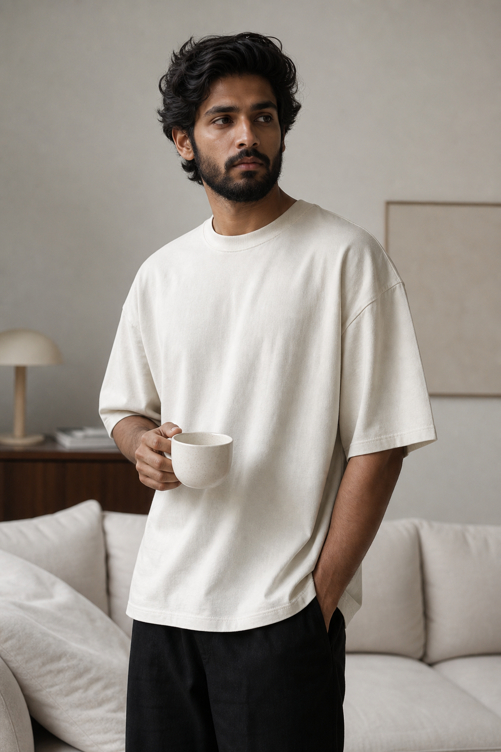 Startup team wearing matching custom 240 GSM oversized t-shirts in modern office setup