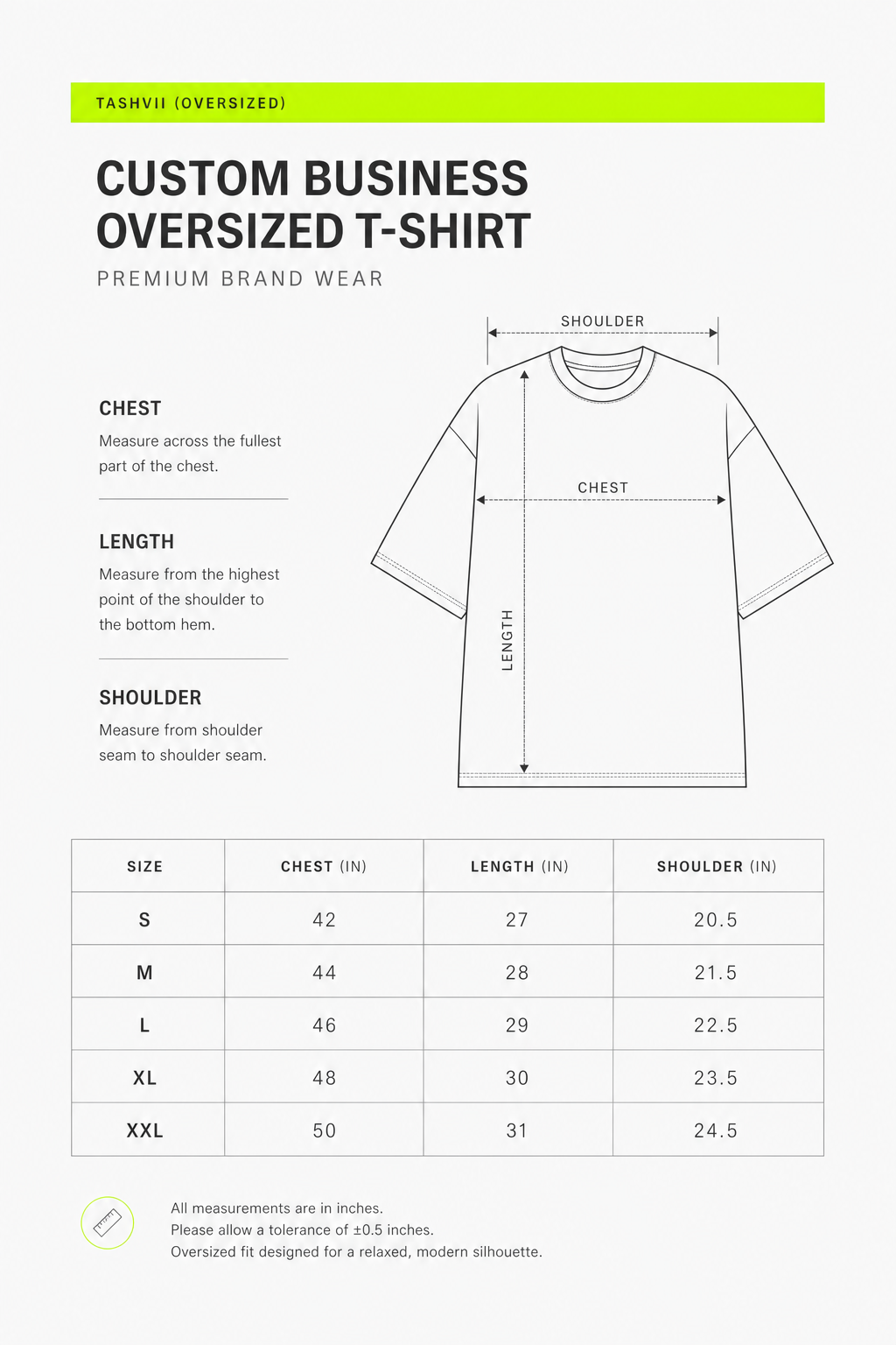 Detailed size guide and measurements chart for unisex custom oversized t-shirt