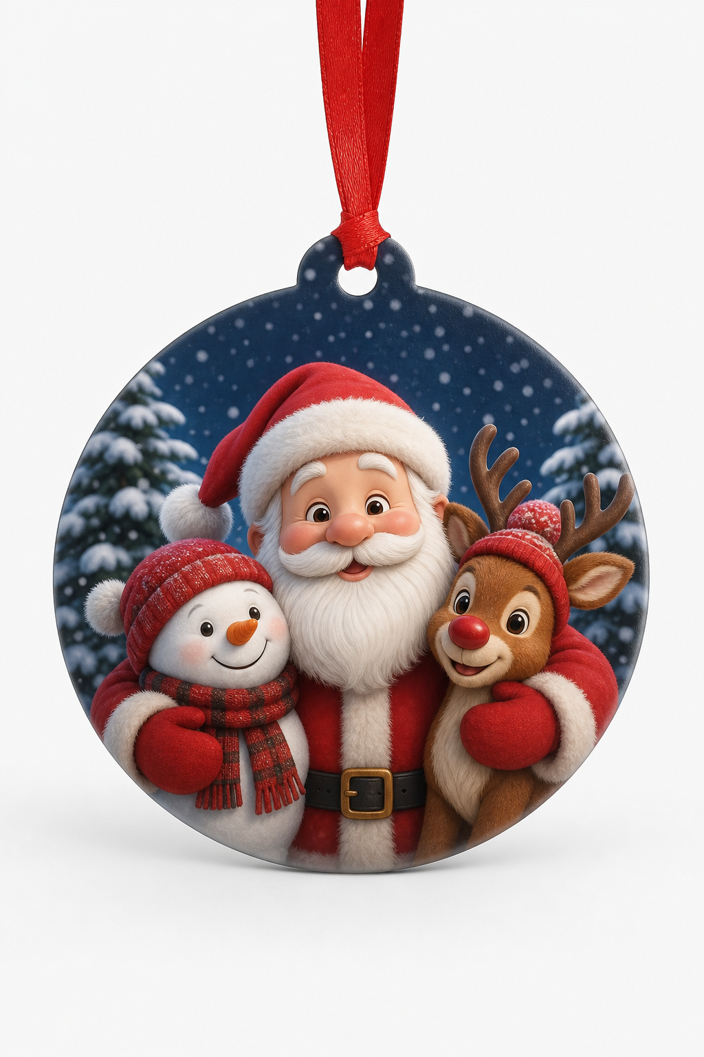 Custom photo printed MDF Christmas ornament hanging on a festive green pine tree with holiday lights studio shot