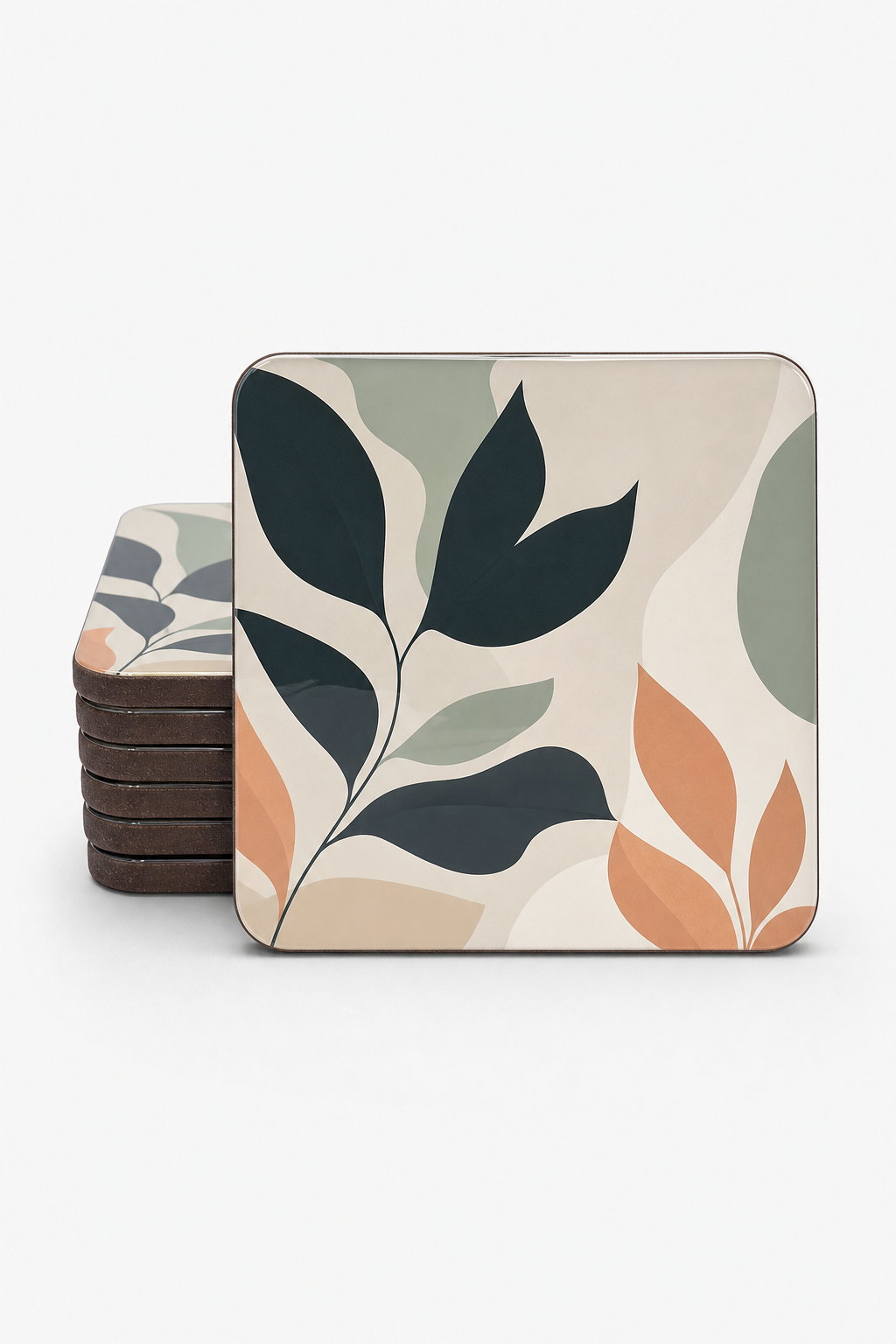 Custom printed MDF coaster with glossy design on clean white studio backdrop
