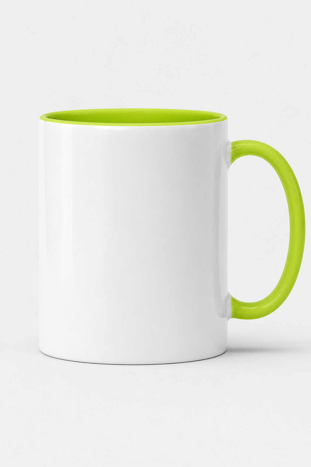 Custom ceramic coffee mug with personalized photo print standing on studio clean surface