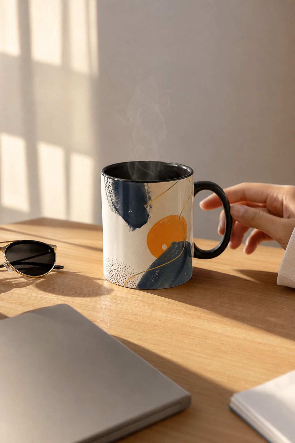 Person holding customized two tone color mug sipping hot coffee in morning sunlight