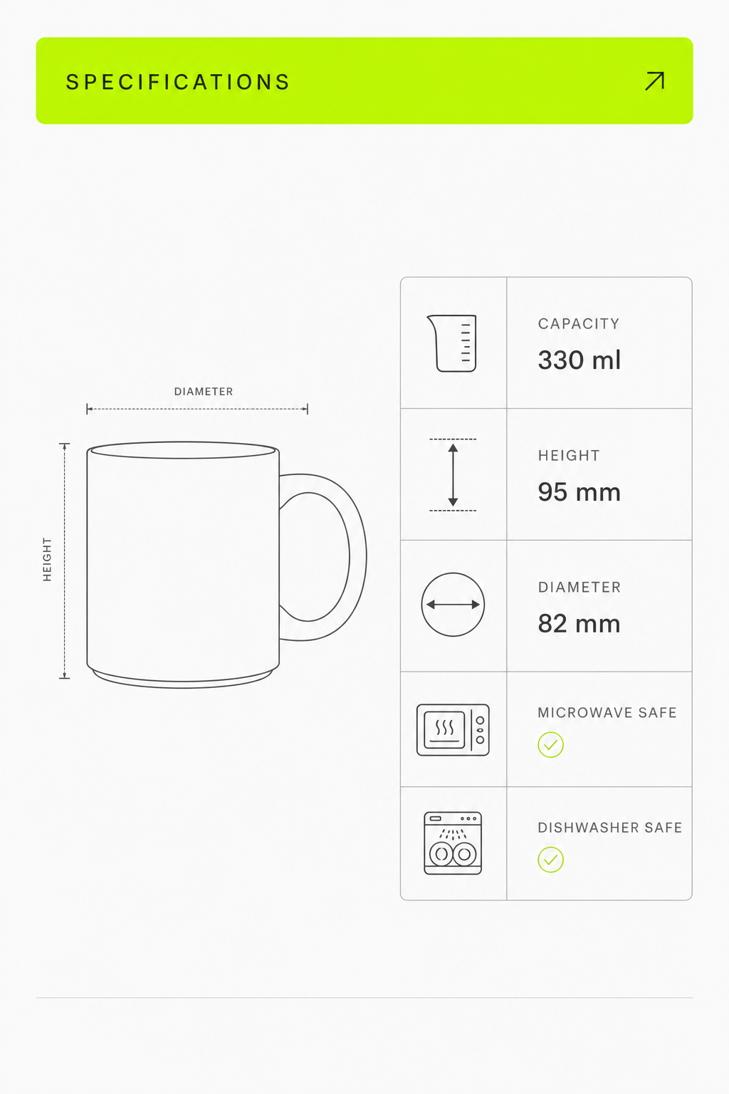 Dimension guide graphic displaying 325ml capacity and height specs of color mug