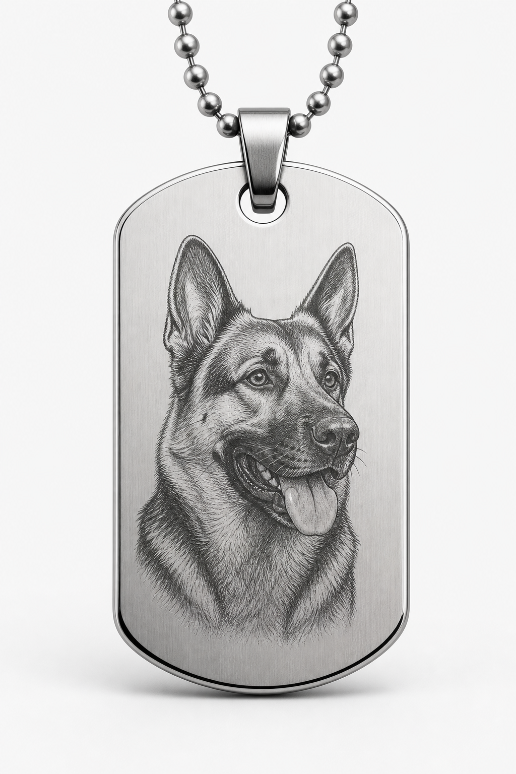 Custom stainless steel dog tag displayed against a minimalist studio background