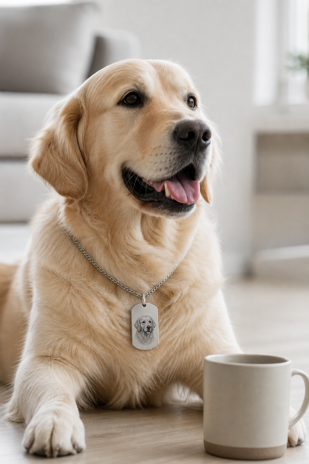 Model wearing personalized custom photo dog tag necklace outdoors