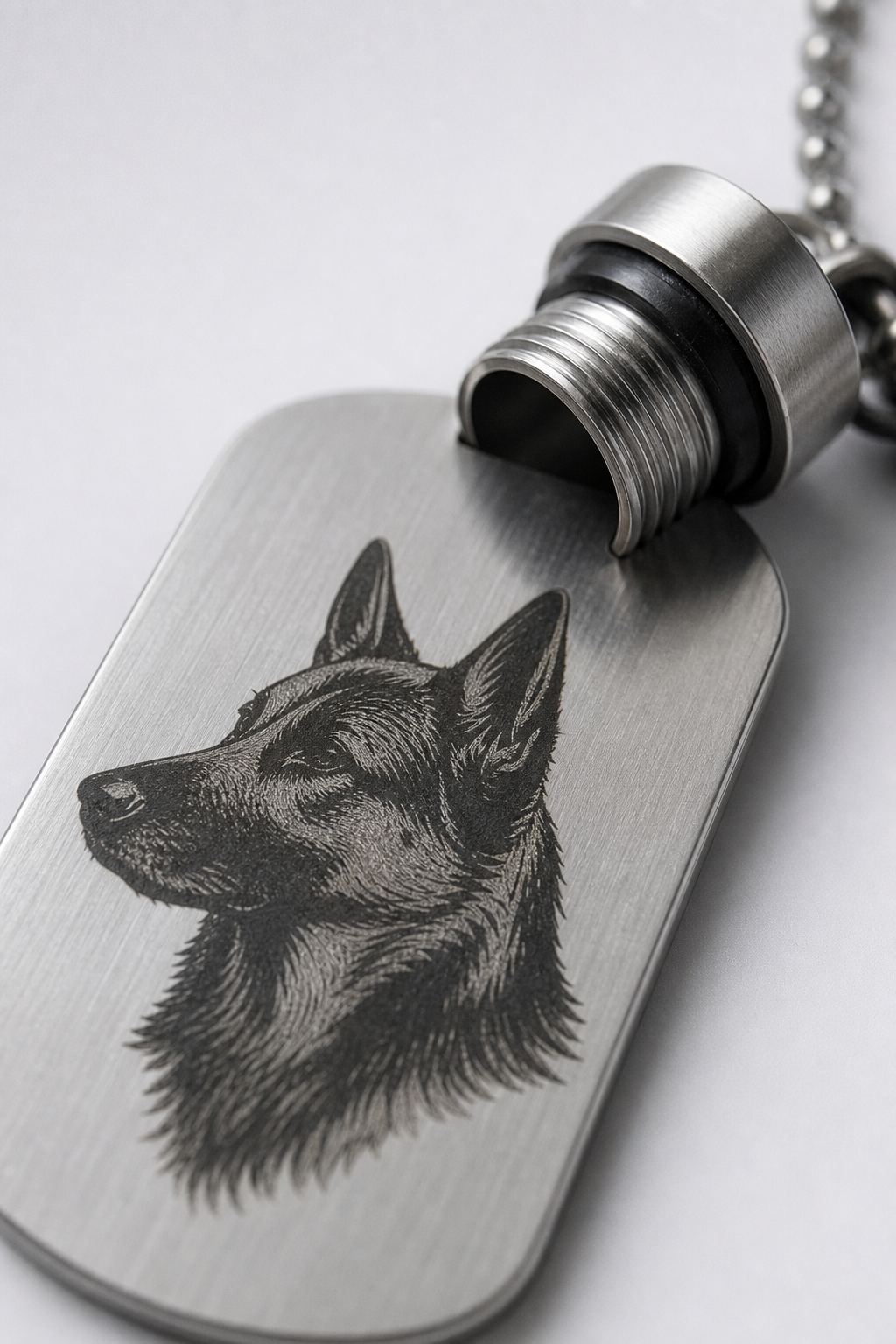 Close up detail showing crisp HD laser print and polished steel finish of custom dog tag