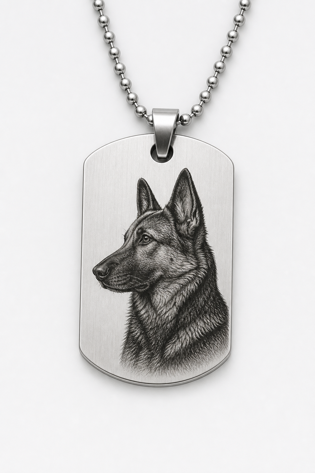 Alternate side angle view of customized stainless steel dog tag with key ring attachment