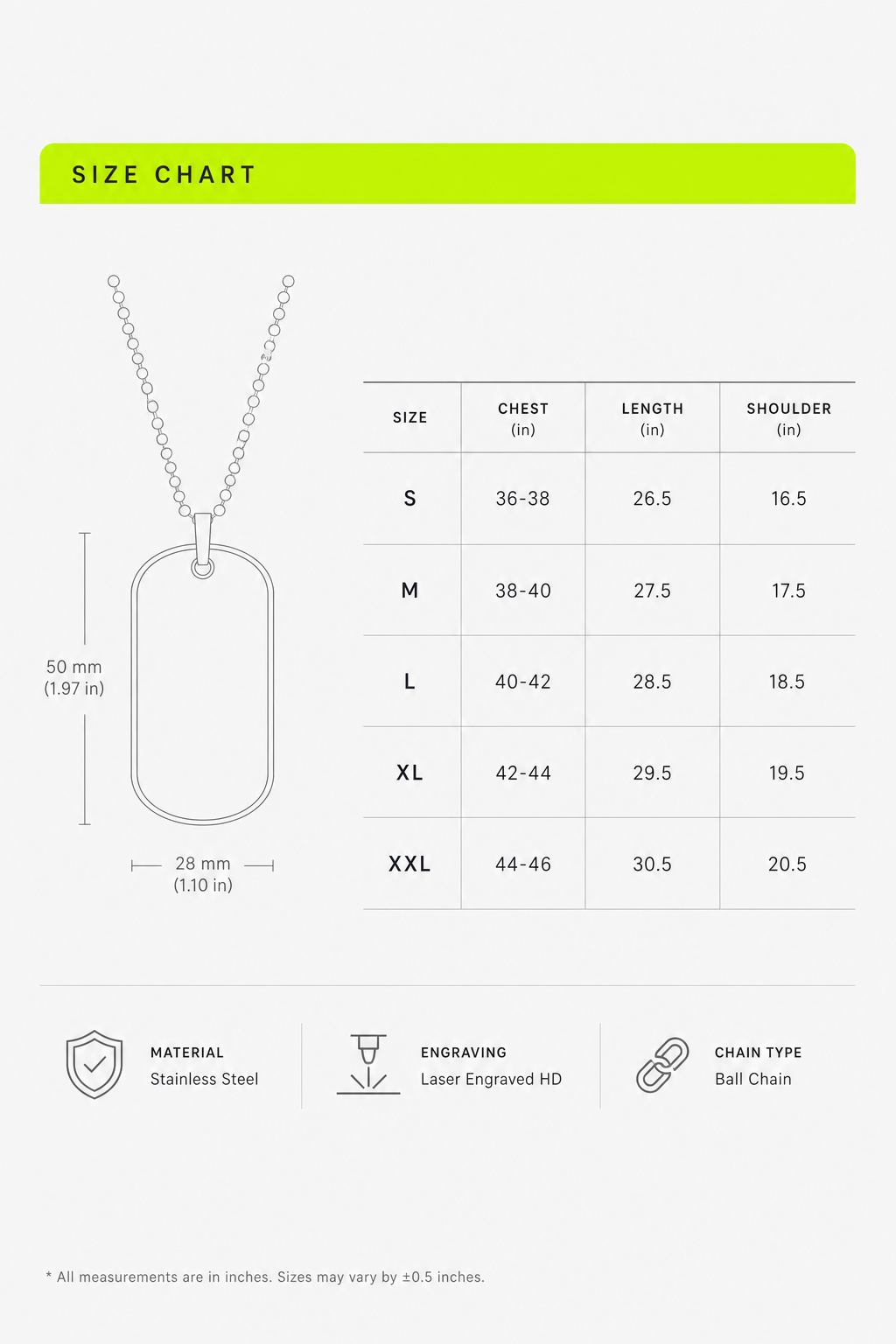 Size and dimensional specification chart for Tashvii custom stainless steel dog tag TSH-045