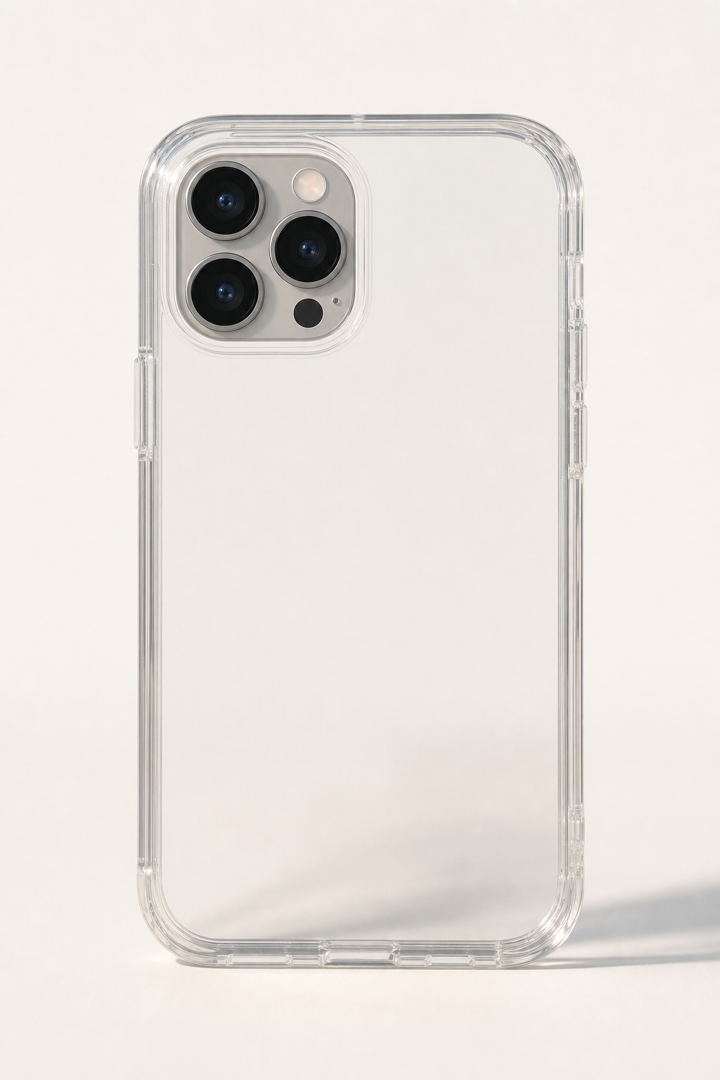 Custom hard clear phone case with personalized artwork displayed on studio background