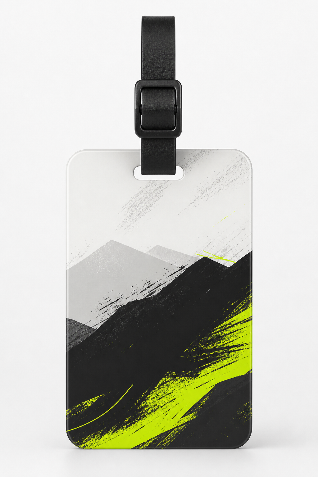 Custom acrylic luggage tag hero shot with vibrant printed design on clean background
