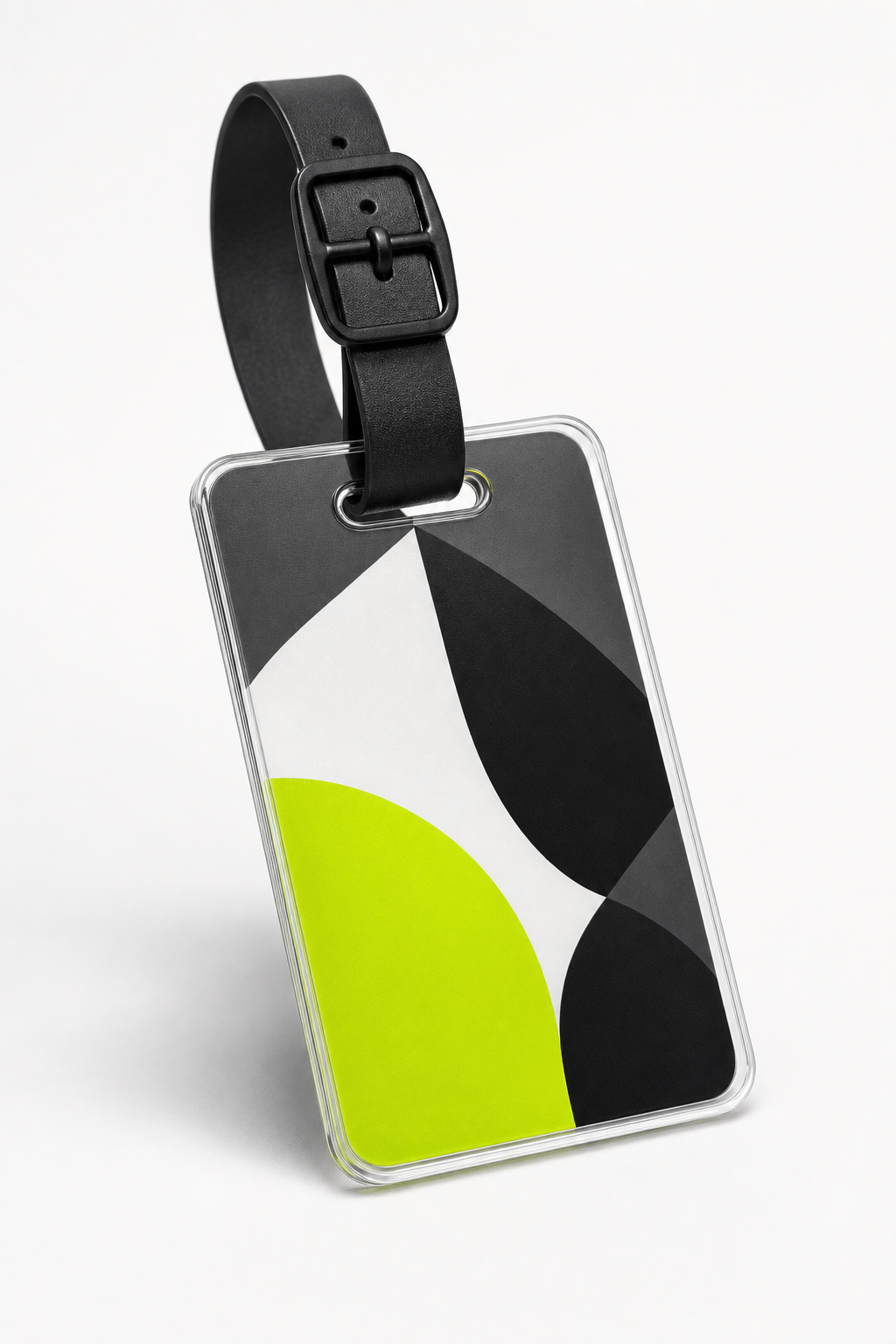 Side angle view of custom acrylic travel tag highlighting sturdy attachment loop