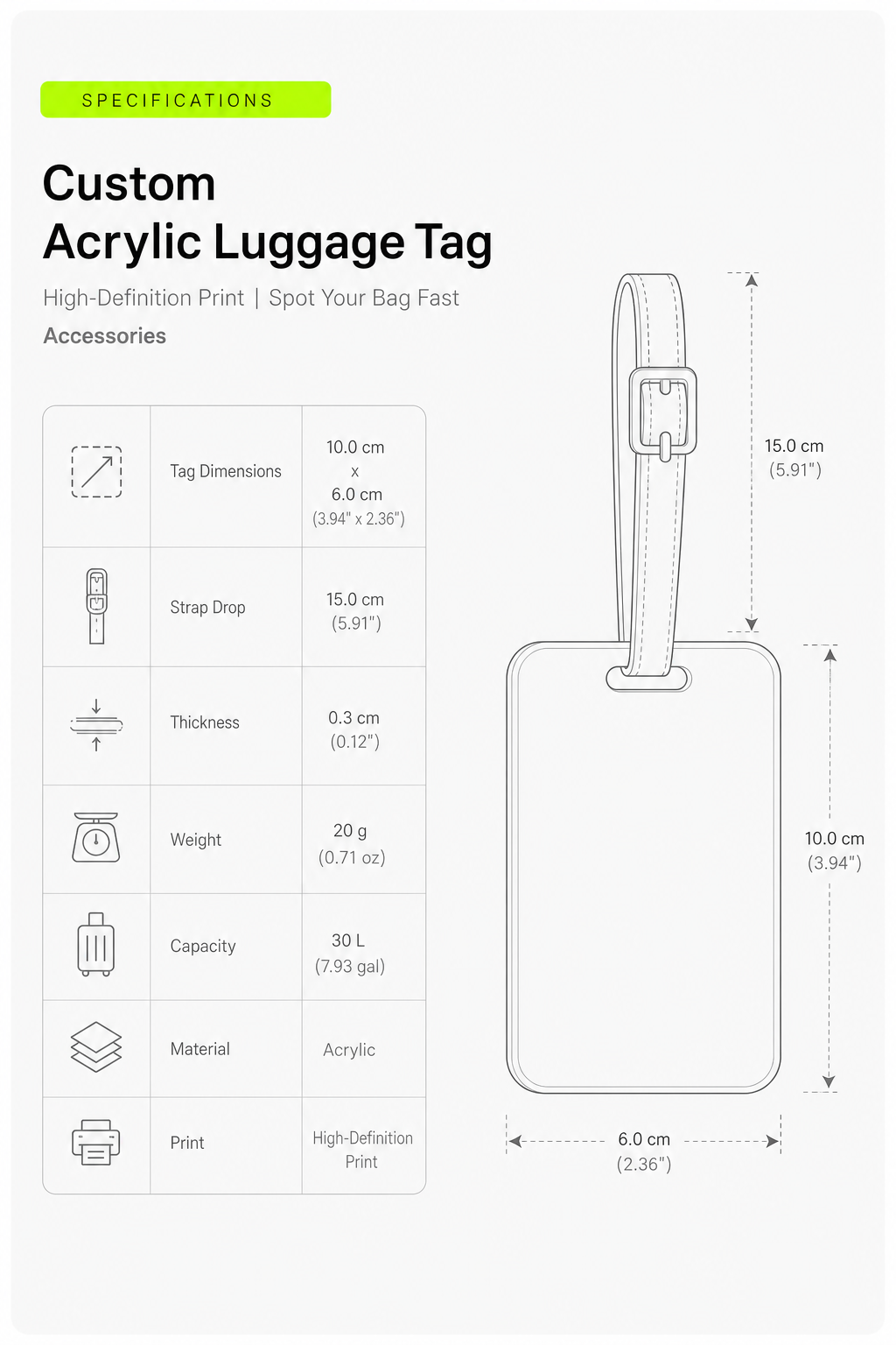 Size dimension guide for TASHVII custom acrylic luggage tag