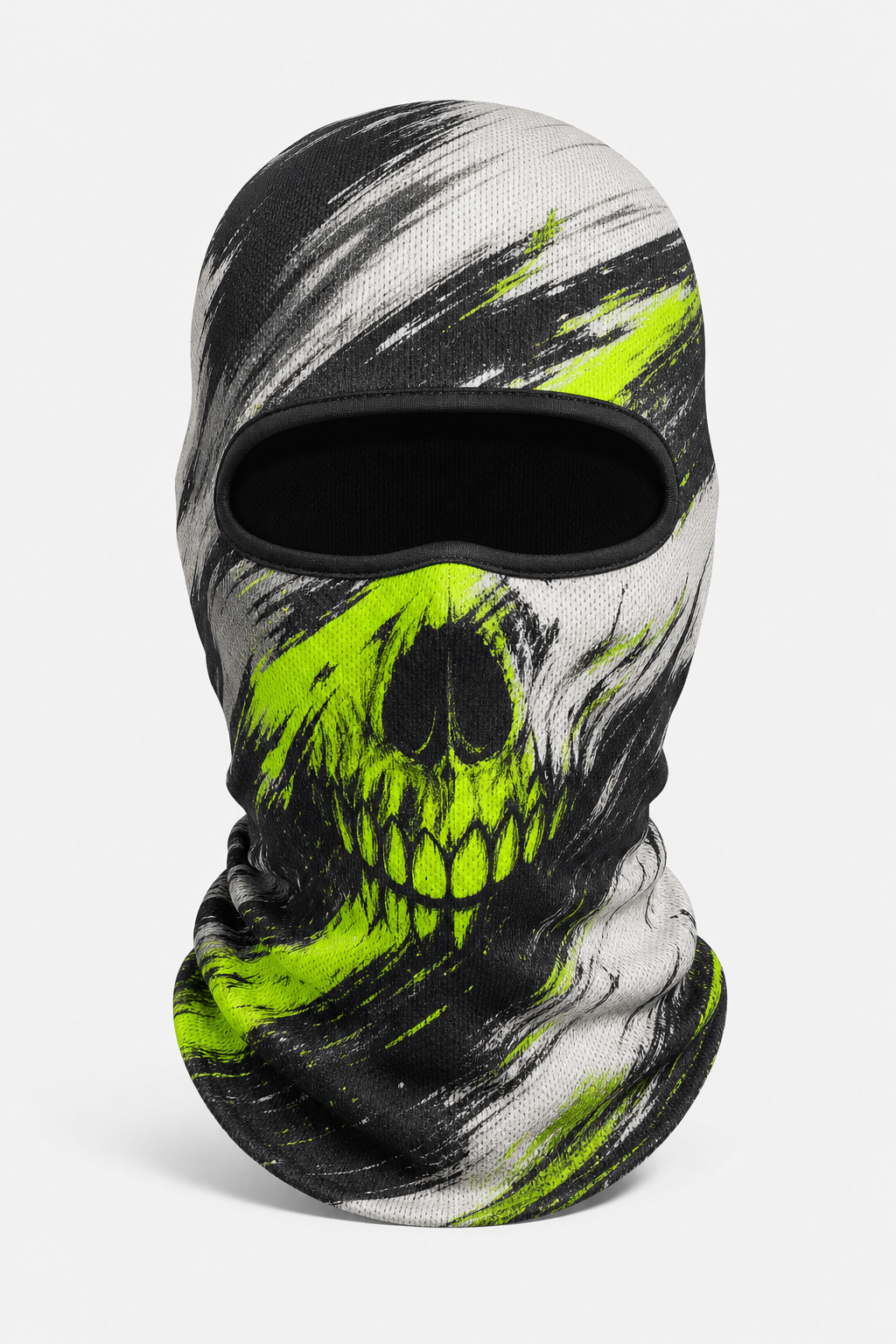 Custom printed black balaclava displayed on studio backdrop showing full face coverage