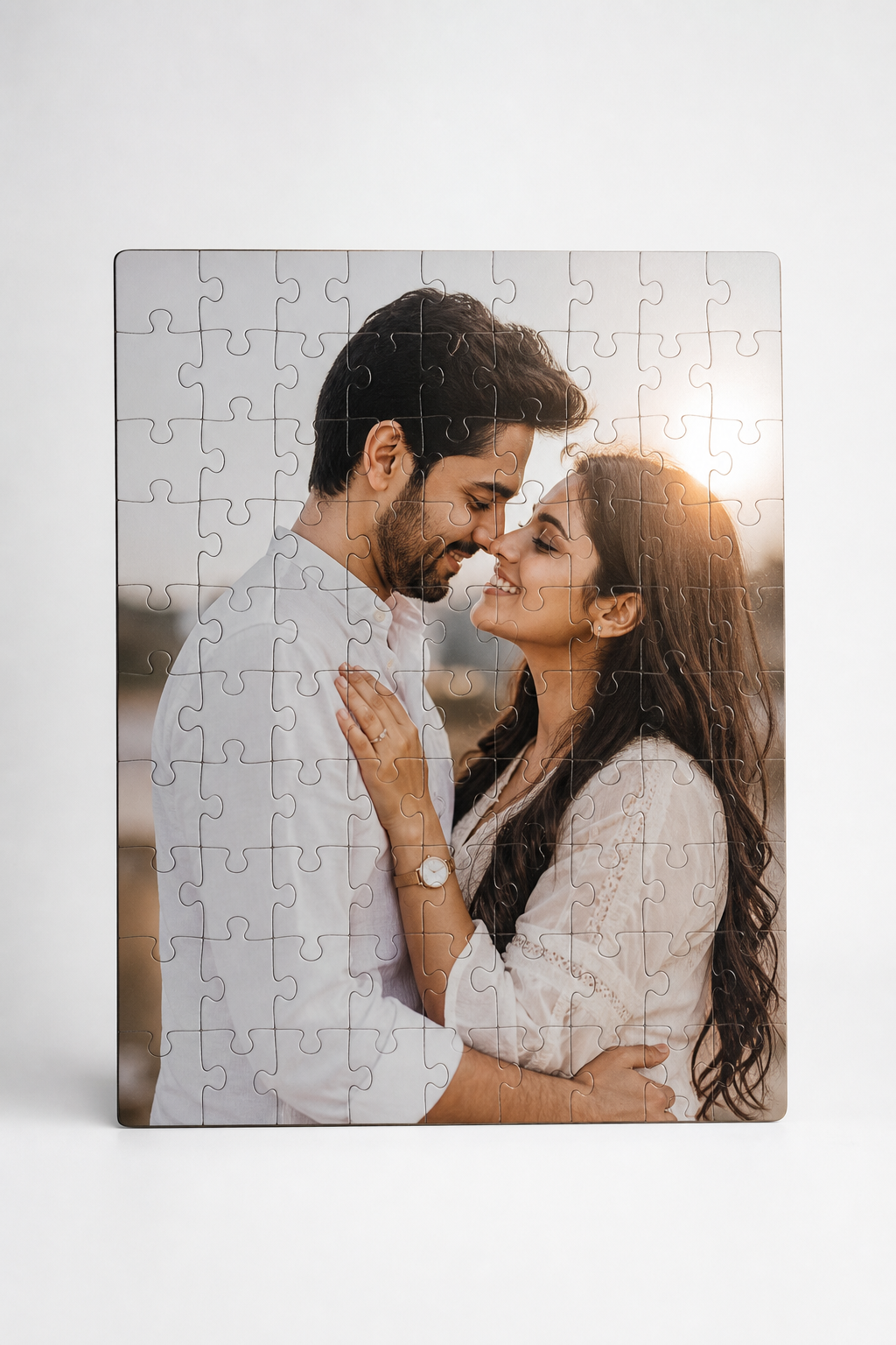 Custom MDF wooden photo puzzle displaying a crisp HD personalized picture on a studio white background