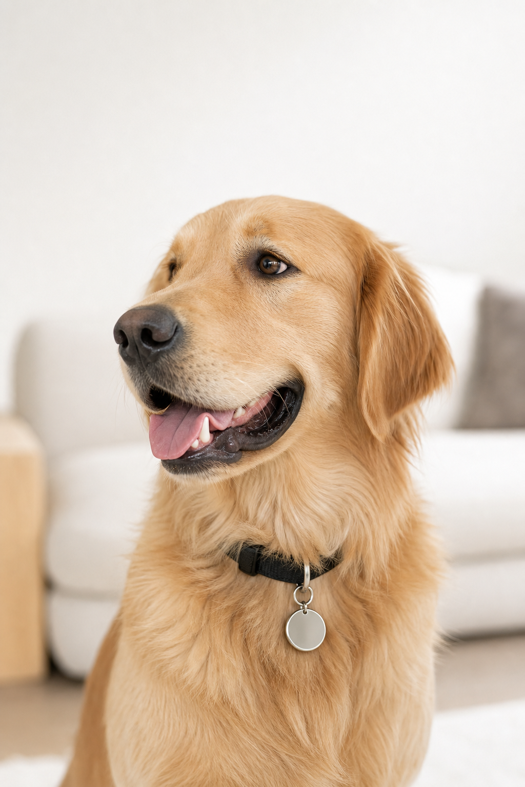 Golden Retriever wearing customized stainless steel TASHVII pet tag on dog collar in park