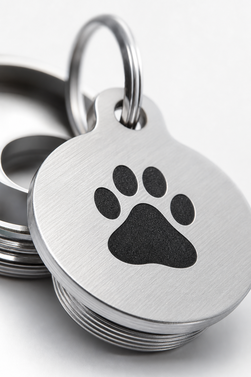 Close up detail of crisp laser engraved name text on stainless steel pet tag