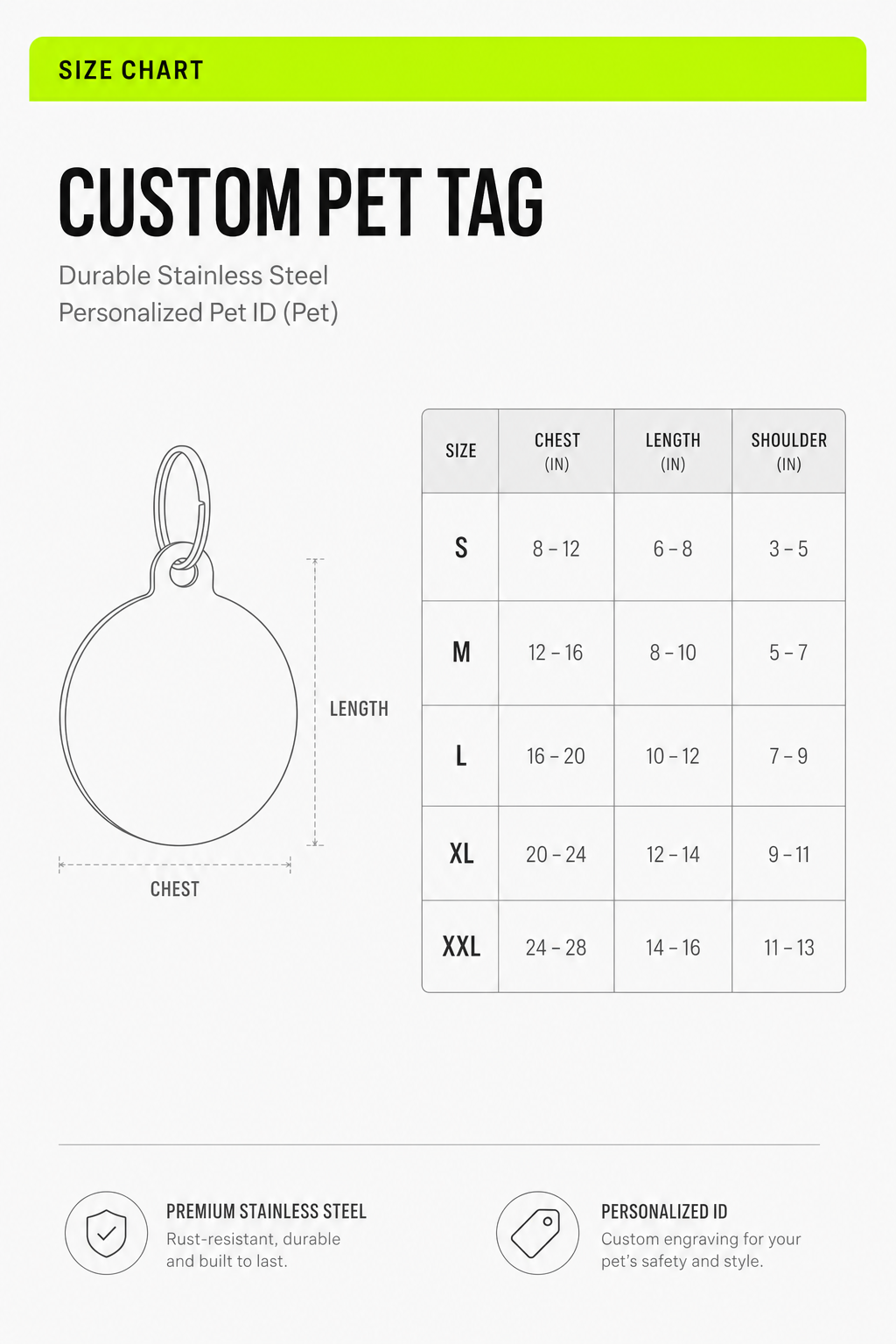 Dimension and size comparison guide for TASHVII stainless steel custom pet tag