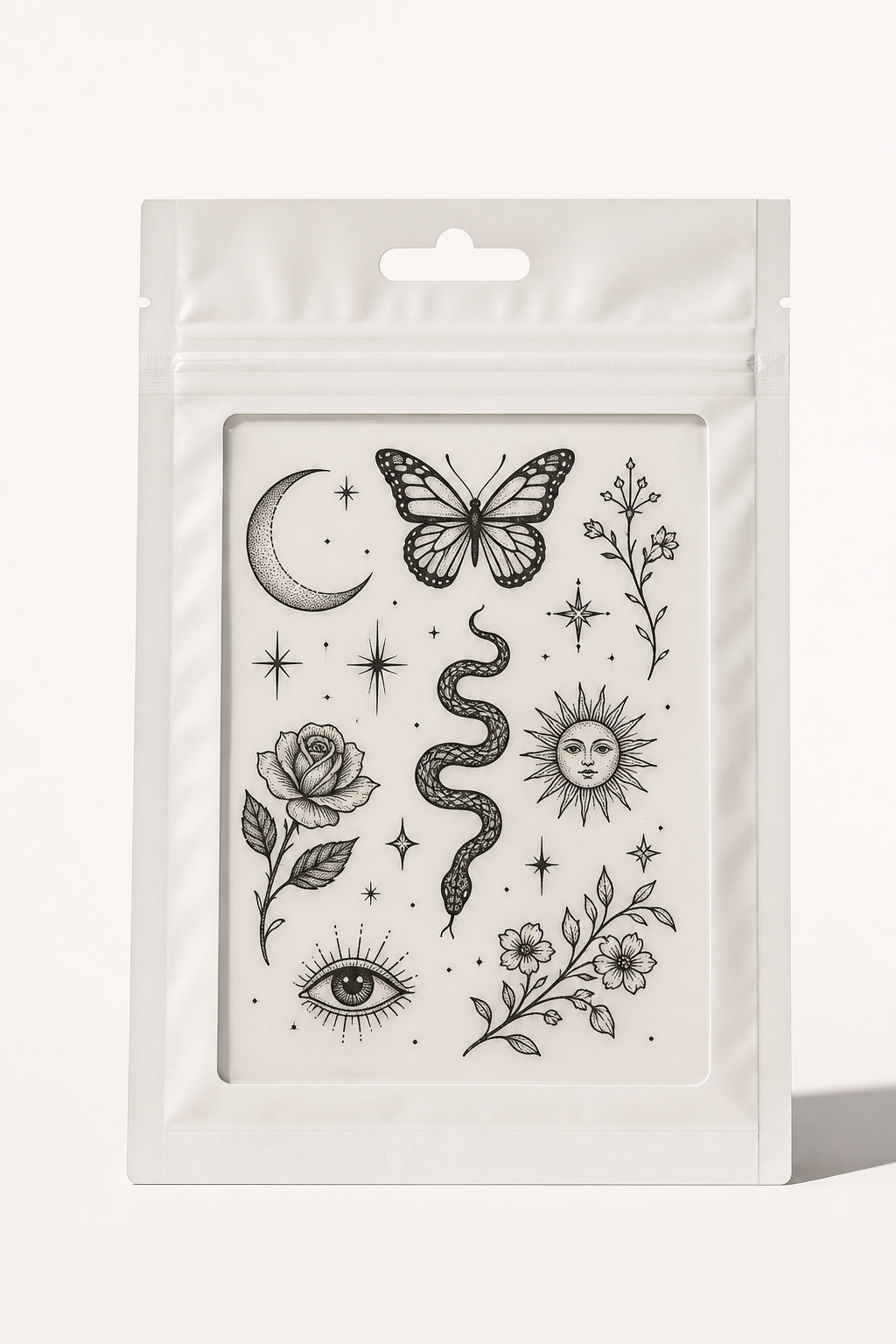 Hero studio shot of custom temporary tattoos displayed on clean surface with custom design visible
