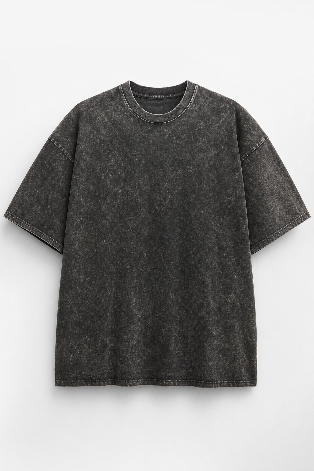 Custom acid wash oversized t-shirt in vintage black displayed on studio background