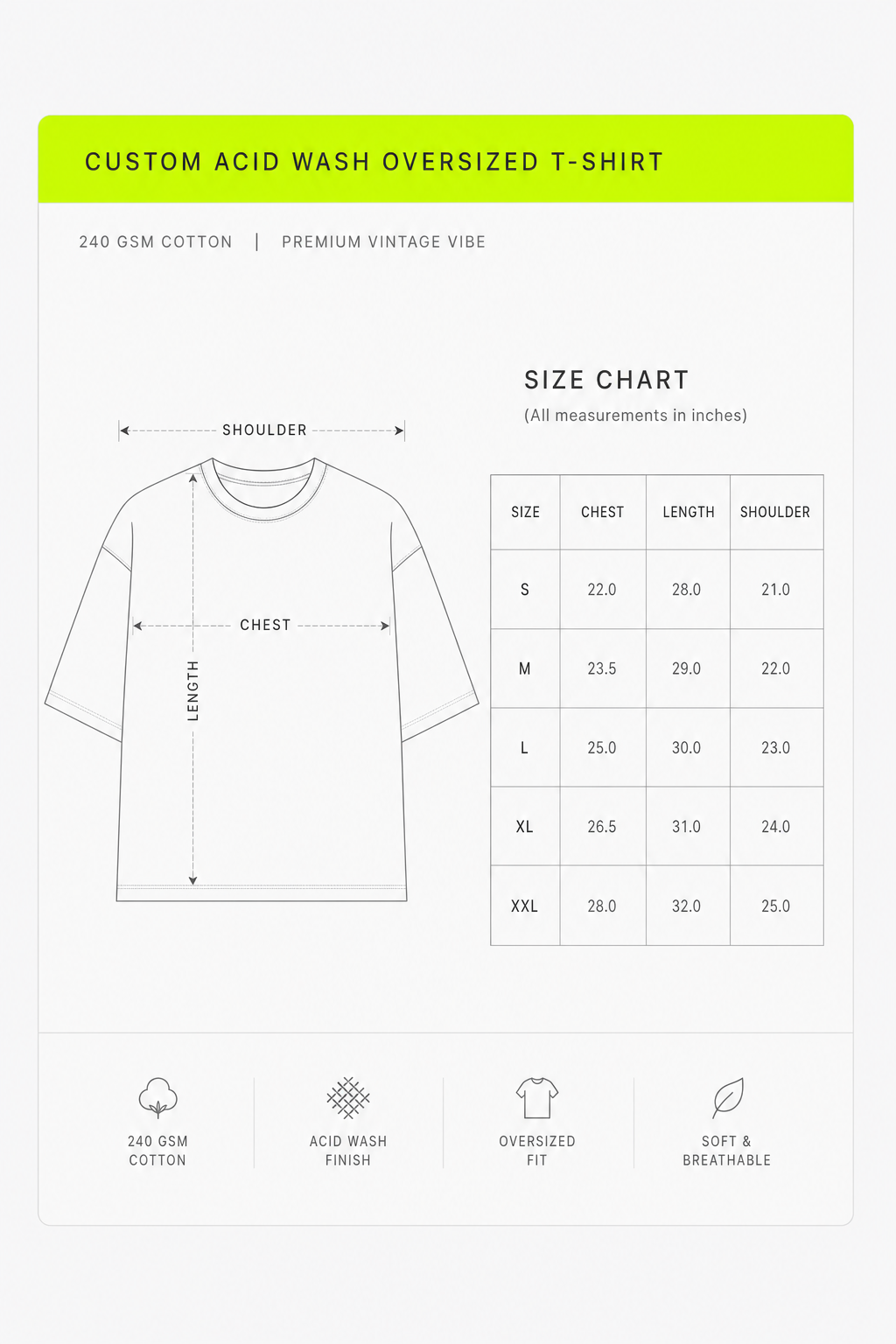 Detailed size guide chart for unisex acid wash oversized t-shirts
