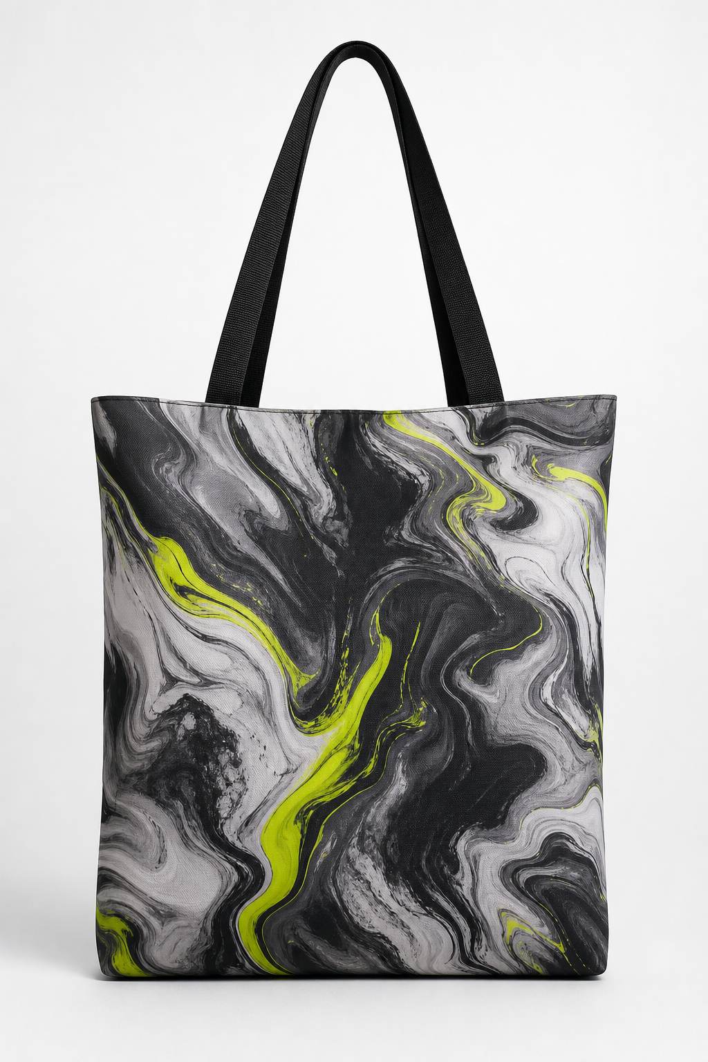 Front view hero shot of custom all-over print large tote bag on neutral background.