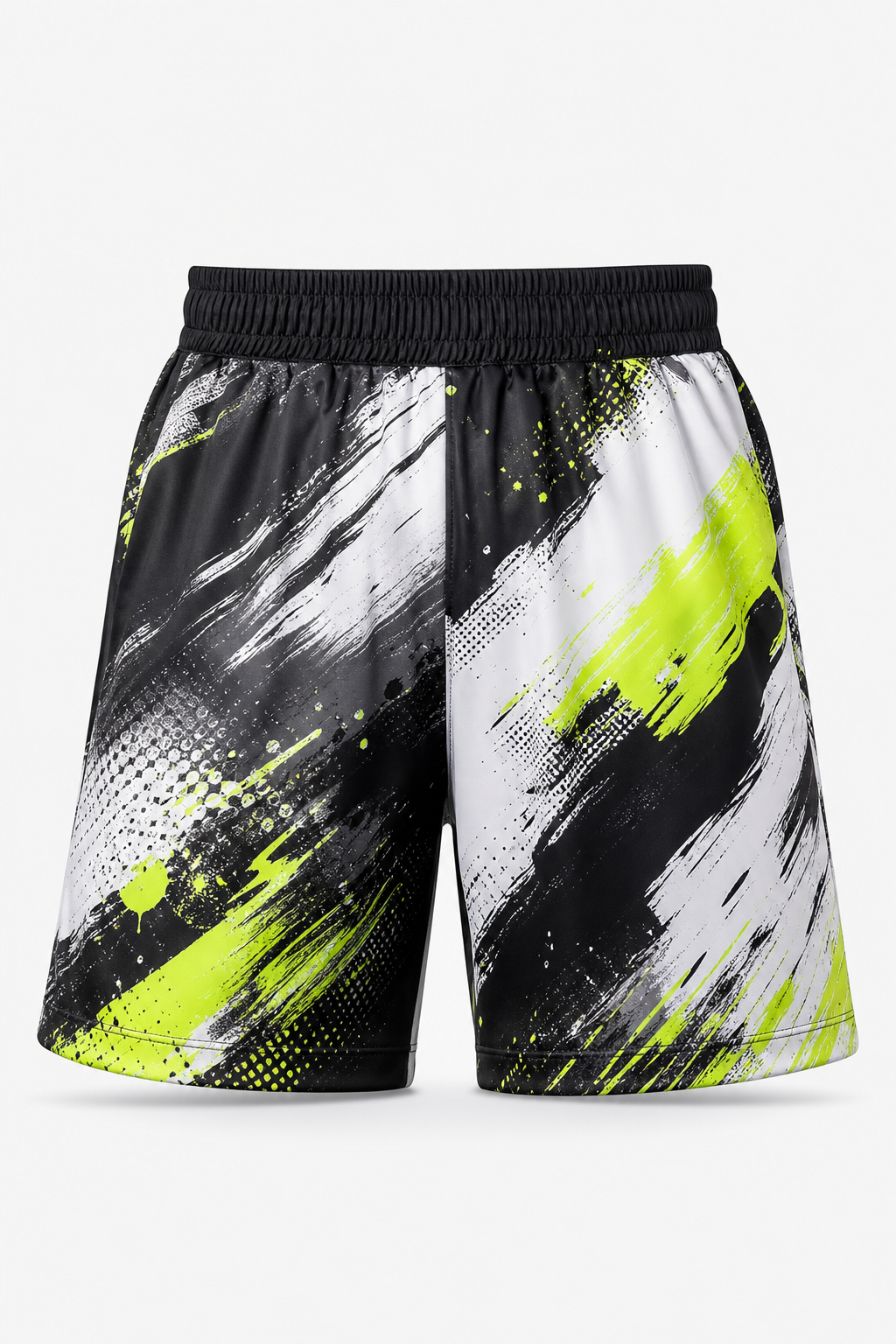 Custom unisex all over print sports shorts front view studio showcase on white background