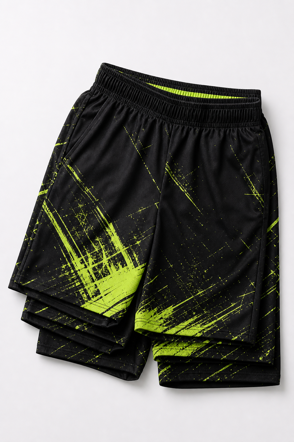 Side profile view of personalized custom AOP active shorts showing elastic waistband and drawstring