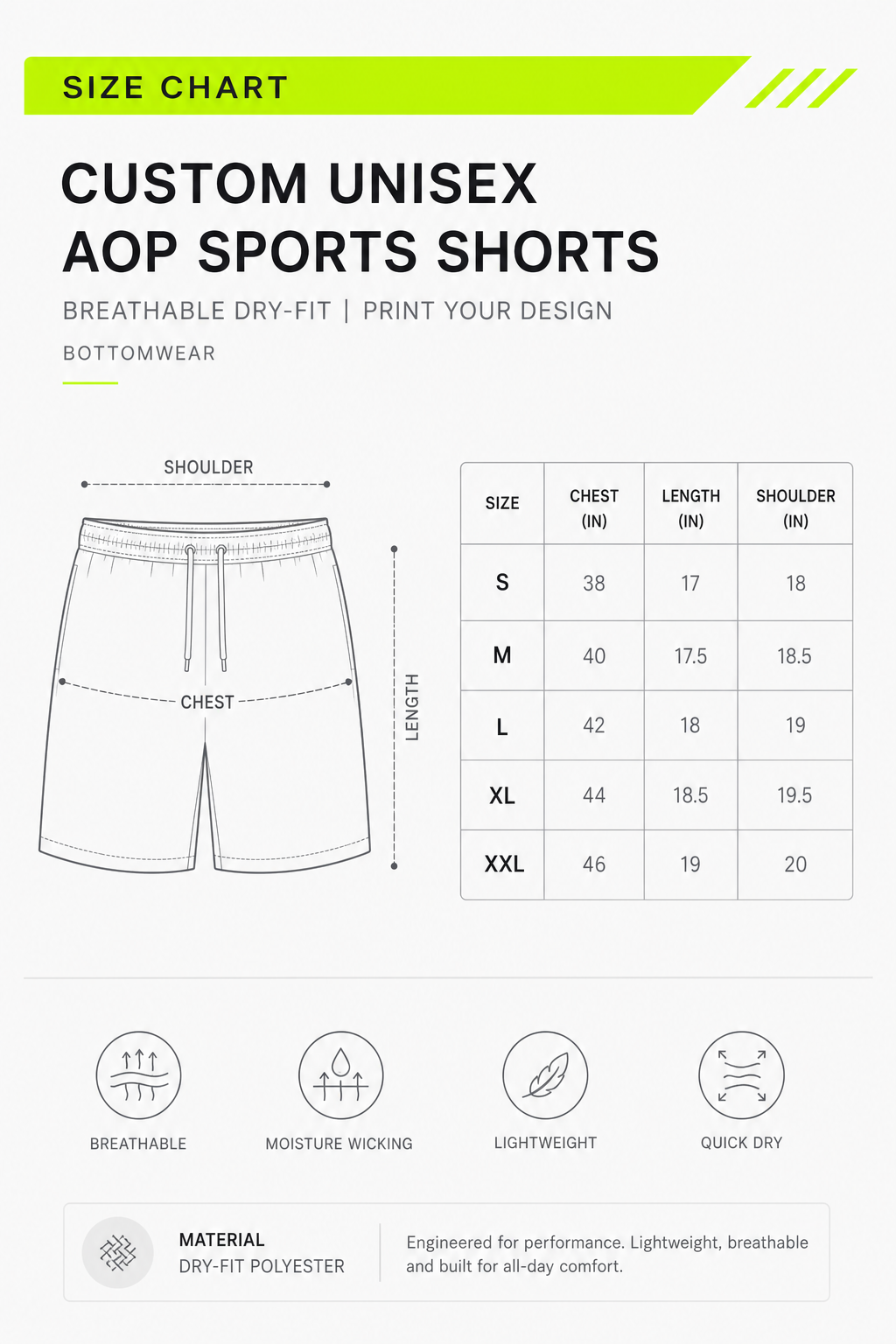 Detailed size chart and waist measurement guide for TASHVII unisex custom sports shorts