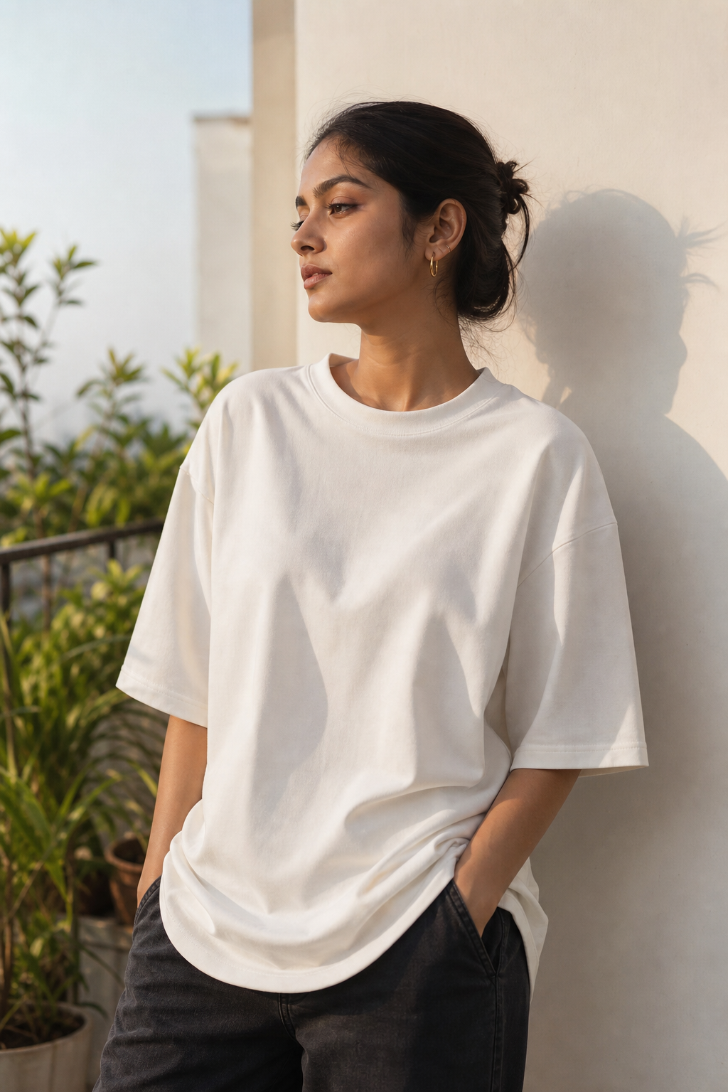 Model wearing custom printed streetwear oversized drop shoulder t-shirt outdoors