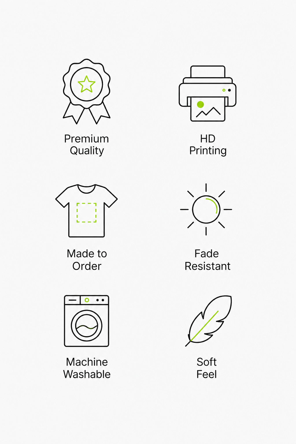 Graphic highlighting key features like 240 GSM cotton, bio wash, and high definition print