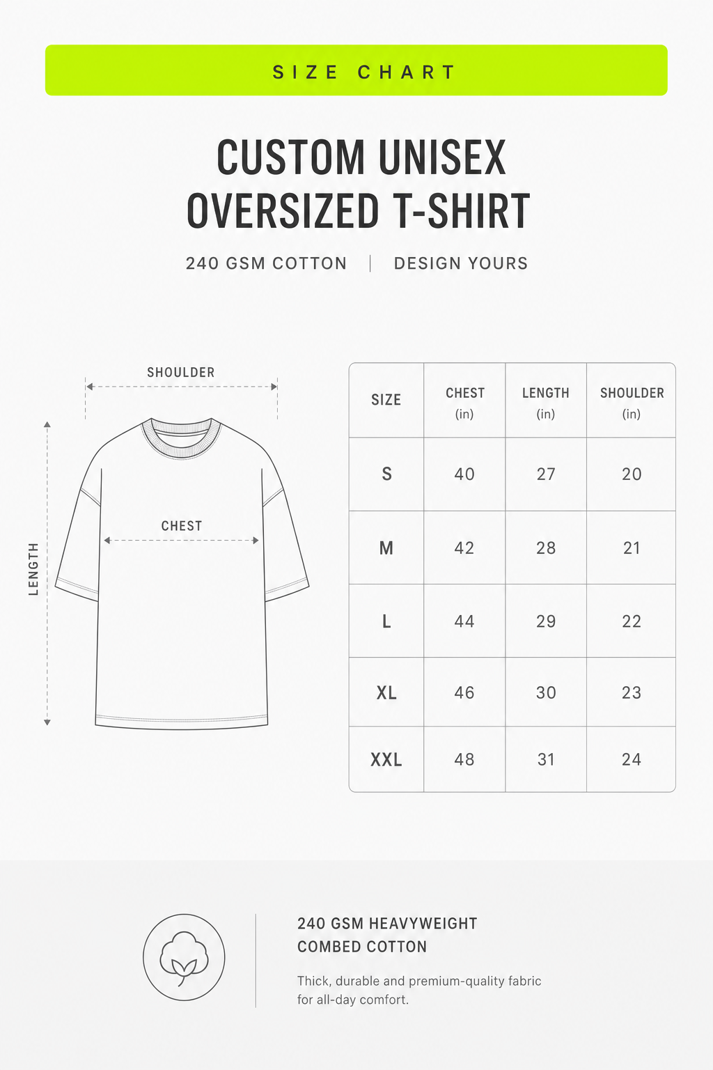 Size chart guide showing chest measurement and drop shoulder fit dimensions