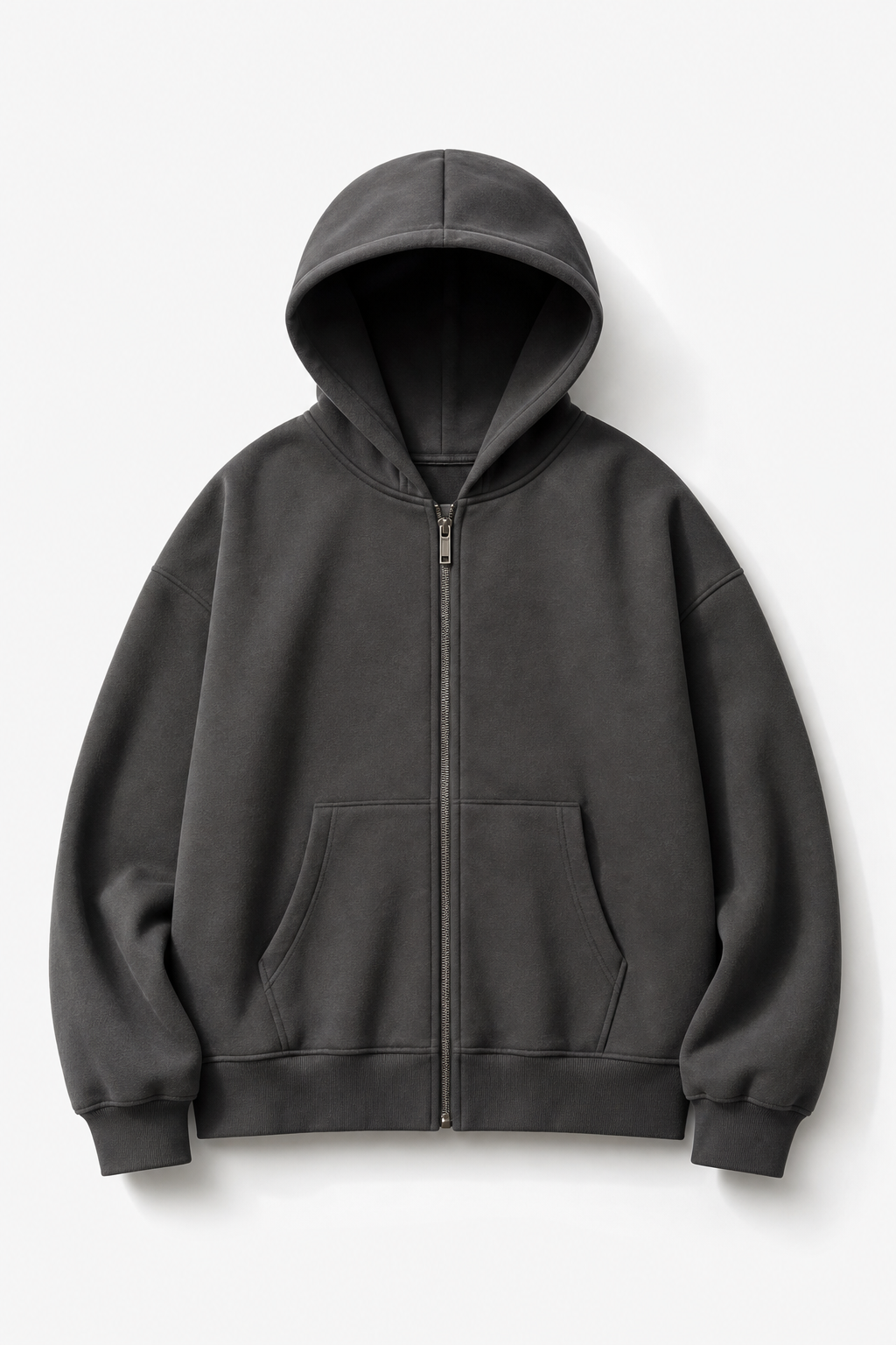 Front view of custom unisex zipper hoodie in studio light on clean neutral background