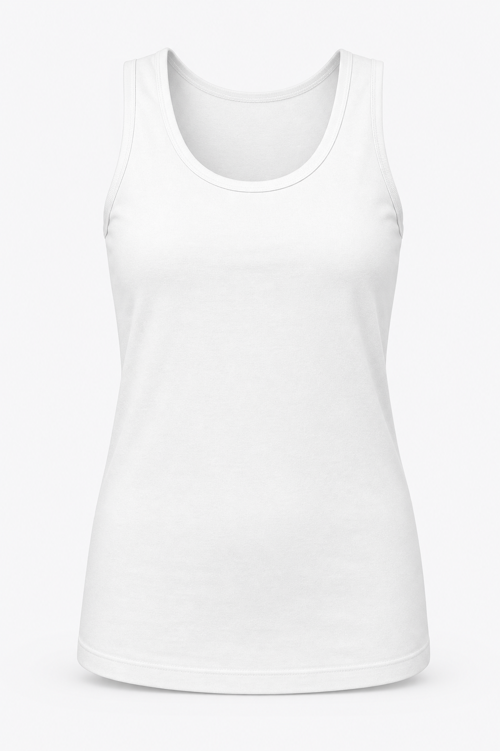 Front studio view of custom women tank top in premium white combed cotton